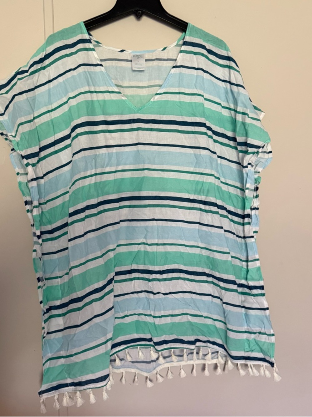 Light Blue & Mint Striped V-Neck Tassel Beach Coverup